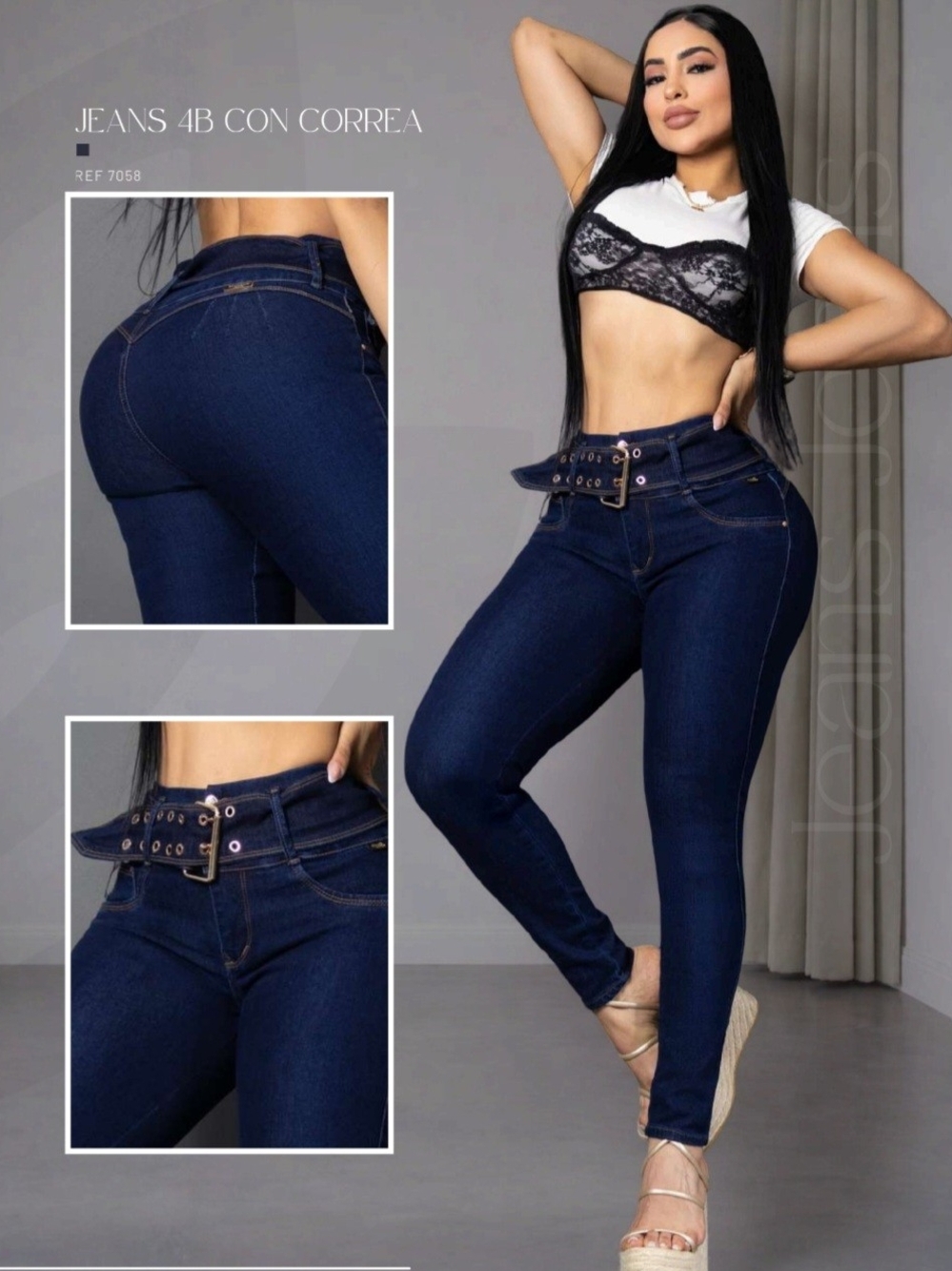 High-Waist Dark Blue Women’s Jeans with Belt, Jeans Colombiano